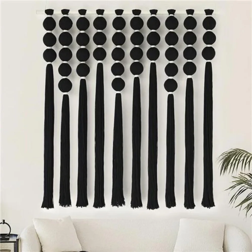 NEW Anthro XL Boho Black & White Tassel & Ball Tapestry Woven Wall Hanging - 40
